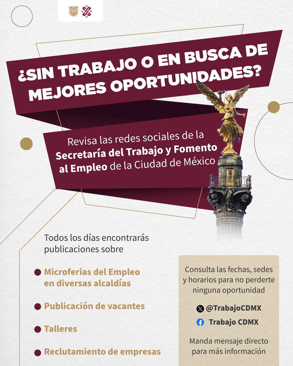 📢 ¿Buscas empleo? ¡Tenemos la solución para ti! 👩‍💼👨‍💼

Consulta las redes sociales de <a href="/TrabajoCDMX/">Trabajo CDMX</a> y conoce las diversas oportunidades de empleo y crecimiento que la Ciudad de México tiene para ti ¡tu futuro laboral te espera! 💼

Manda mensaje directo para obtener mayor