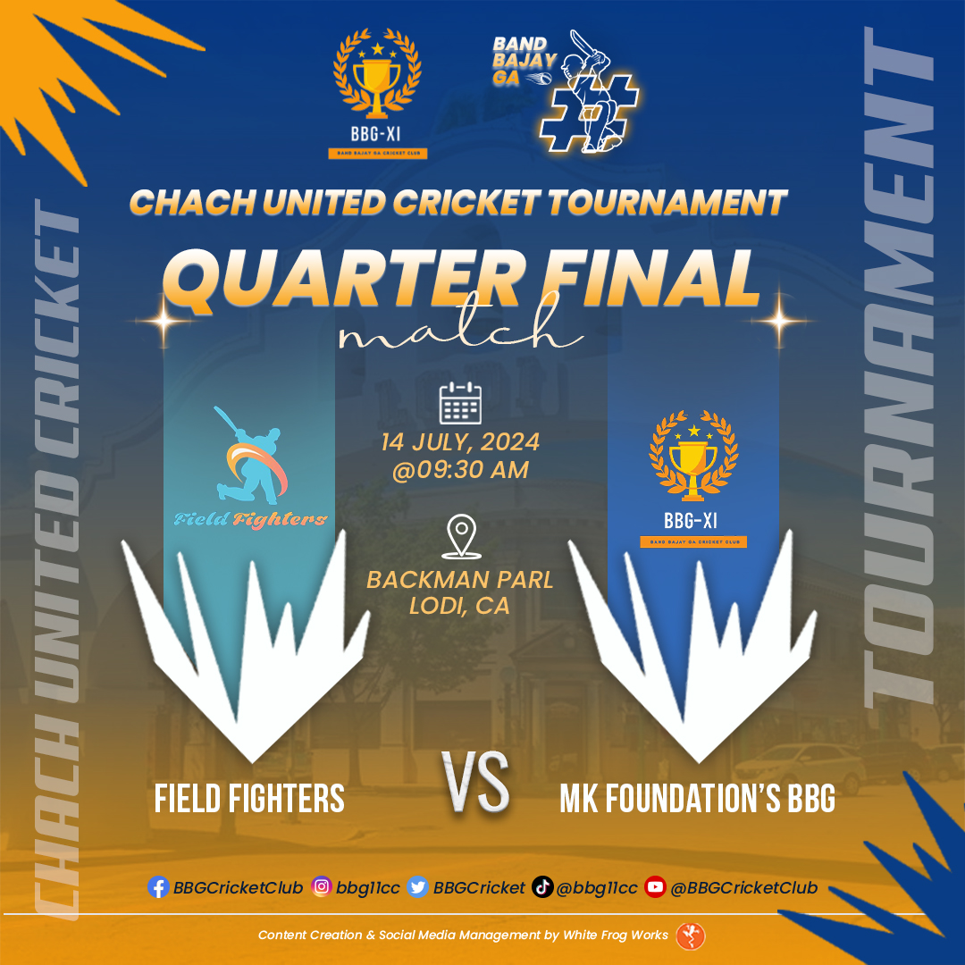 BBGCricket's tweet photo. "Get ready for an epic clash! Quarter-final match: BBG Cricket Club vs. Field Fighters. 🏏🔥 

#CricketQuarterFinals #BBGvsFieldFighters"

📌Pin the Calendar
👉 Match Timing: 09:30 AM
👉 Date : 14th July, 2024

🏟 Backman Parl Lodi, CA

#bandbajayga #chachunitedcrickettournament https://t.co/8Oz4QvKOco