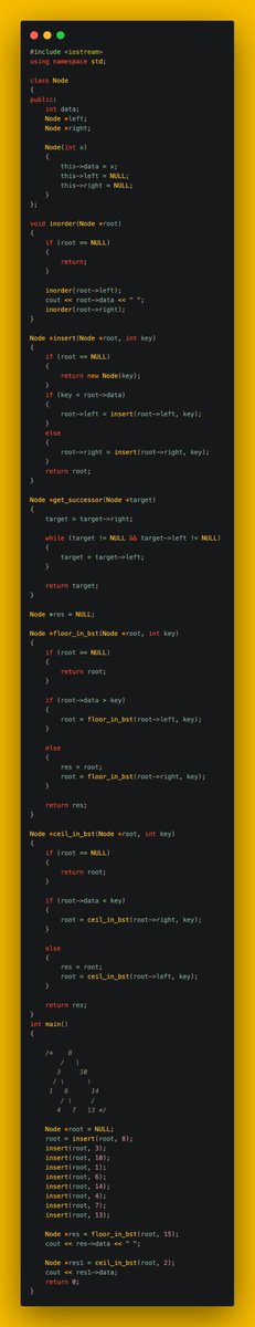 gincode18's tweet image. 🚀 Day 31 of #100DaysOfCode!

🌳 Tackled essential BST operations:
🔍 Implemented Search in a BST.
🗑️ Solved BST Deletion.
📏 Found Floor and Ceil in a BST.

Feeling more confident with BSTs! 💪 #coding #DSA #developerjourney