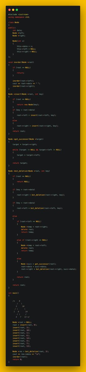 gincode18's tweet image. 🚀 Day 31 of #100DaysOfCode!

🌳 Tackled essential BST operations:
🔍 Implemented Search in a BST.
🗑️ Solved BST Deletion.
📏 Found Floor and Ceil in a BST.

Feeling more confident with BSTs! 💪 #coding #DSA #developerjourney