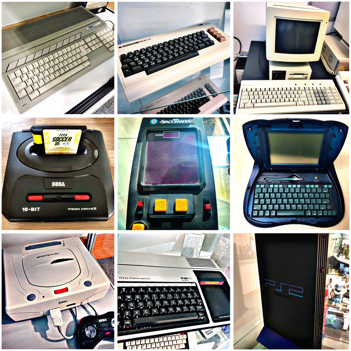 SWRetroComp's tweet photo. This weekโs #RetroEnnead offers you the #1040STE, #VIC20, #F10, #MegaDrive2, #SpaceInvader, #eMate, #Saturn, #TI994A and #PS2. Choose a line of 3 and lose the rest! #RetroComputing #ComputerHistory #RetroGaming #VideoGames https://t.co/1vXDayyYFa