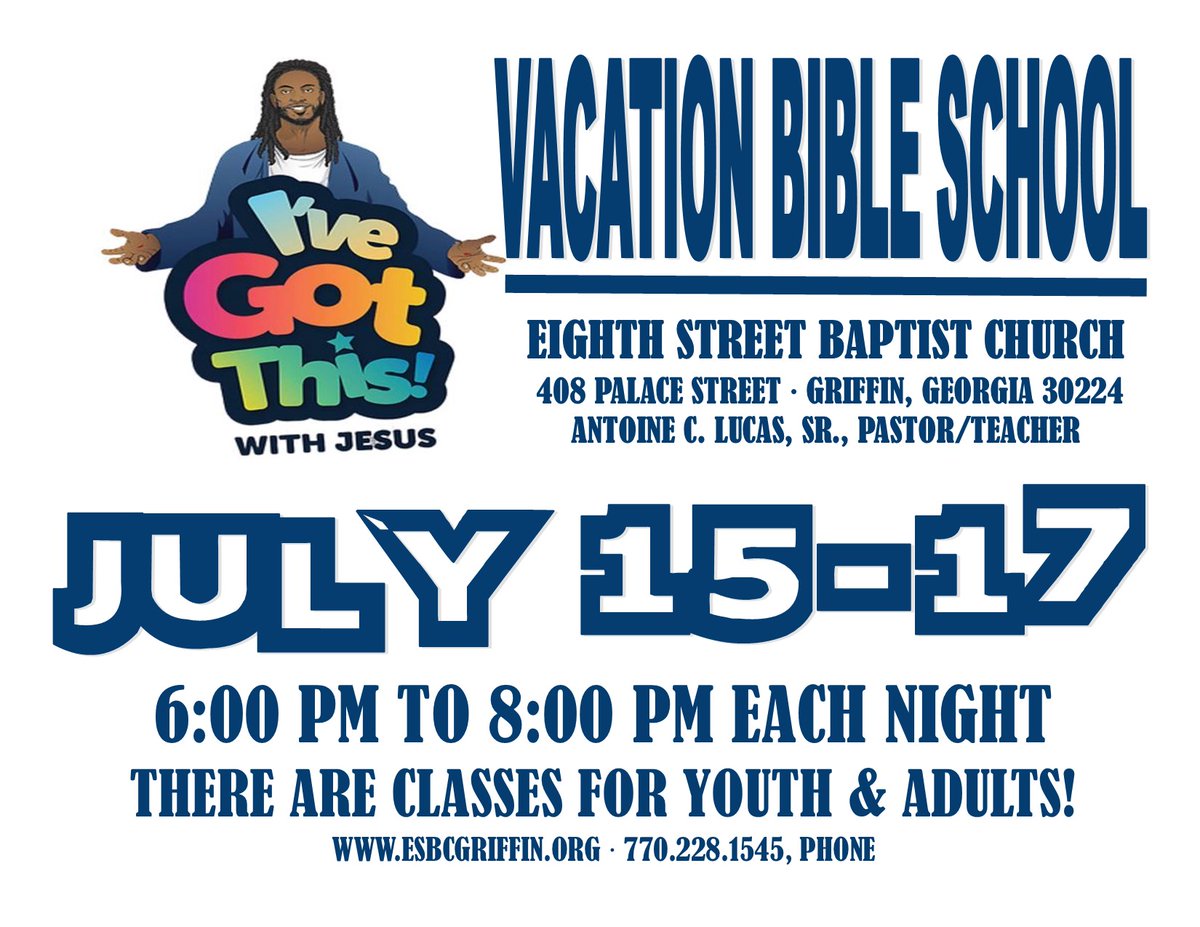 esbcgriffin's tweet photo. Join us @esbcgriffin for Vacation Bible School beginning tomorrow @ 6 pm! We have classes for everyone!
#ivegotthiswithjesus #esbcgriffin https://t.co/oinRgPz7Xi