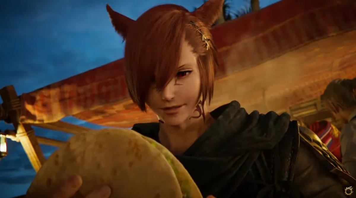 aitaikimochi's tweet photo. Yoshi-P said the team specifically animated G'raha eating a taco in the FFXIV Dawntrail trailer because he looked like he was enjoying his hamburger in Endwalker, so the team decided to have him be a character who is shown enjoying food lol. This was also requested by fans too. https://t.co/HZhHYoBsTR