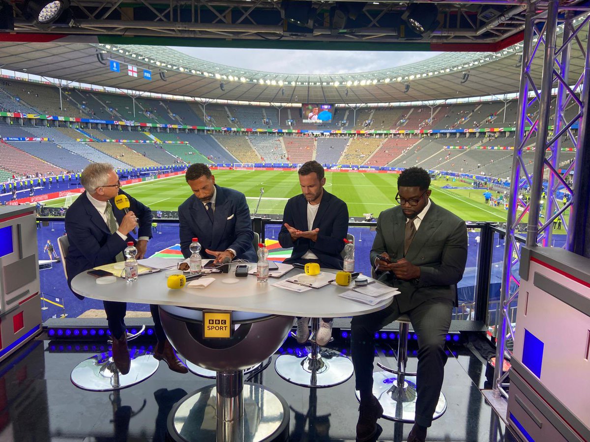 One game to go. We’ve moved for this one.  Looks like Juan is praying for Spain the others hope it’s Coming home. #UEFAEuros2024 #EnglandSpain #BBCFootball