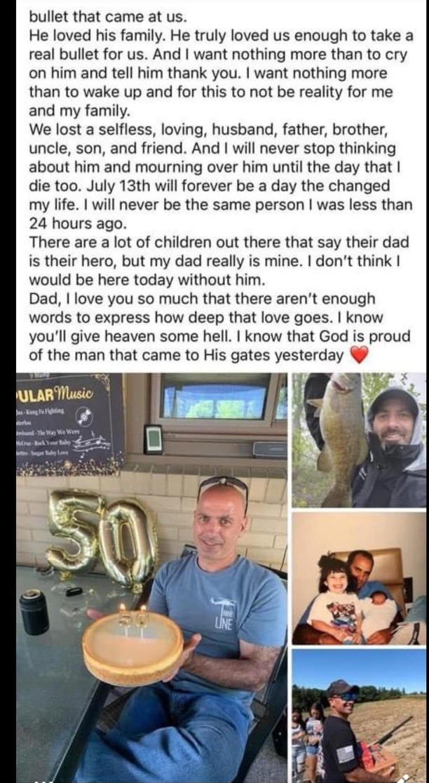 We know this isn't Middle East geopolitics, but it's too good not to share. This was posted on Facebook this morning by the daughter of the man killed at the Trump rally in PA yesterday.