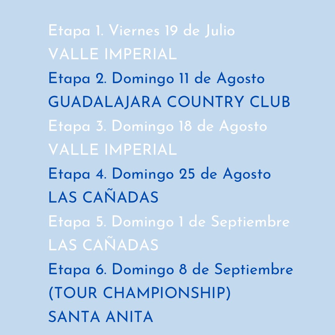 GUADALAJARA LOCAL TOUR (SUMMER 2024) ⛳️
•Inscripción de la temporada $30 usd 
•Inscripción por etapa $30 usd (9 hoyos) y $40 usd (18 hoyos).
