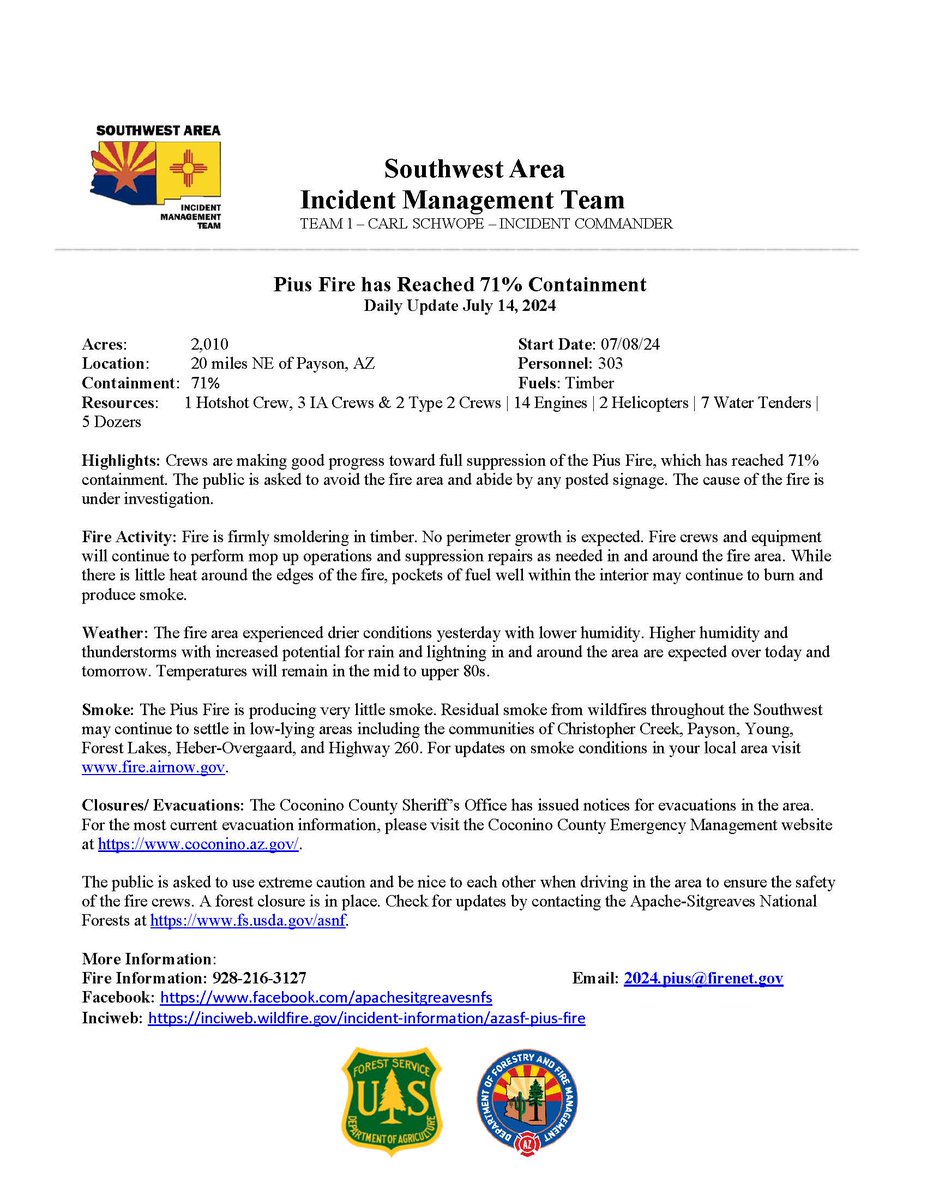 Pius Fire - Daily Update - July 14, 2024
Highlights: Crews are making progress toward full suppression of the Pius Fire, which has reached 71% containment. The public is asked to avoid the fire area and abide by any posted signage. The cause of the fire is under investigation.