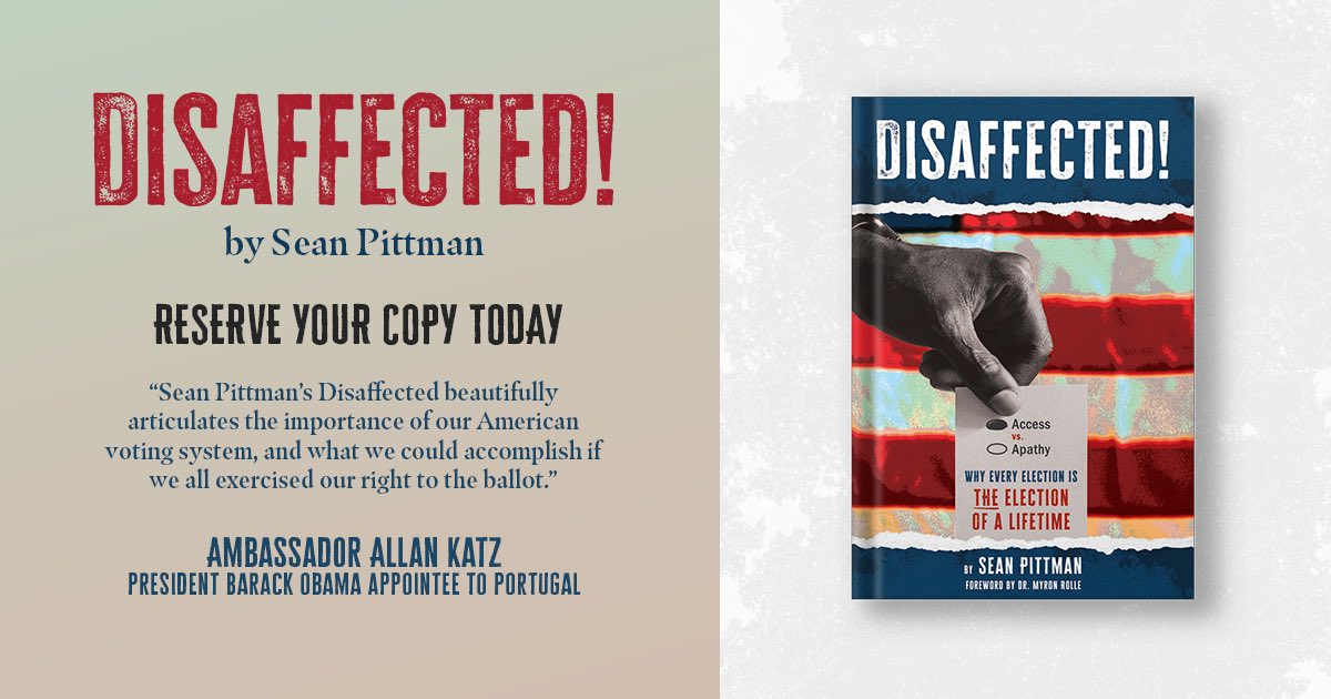 esp_media's tweet image. 📖 Introducing "Disaffected" 📖

Sean Pittman's "Disaffected" reveals the power of voting in America and how vulnerable communities can reclaim their voice. Reserve your copy today: bit.ly/disaffectedbook ✨ #Disaffected #SeanPittman #YourVoteMatters