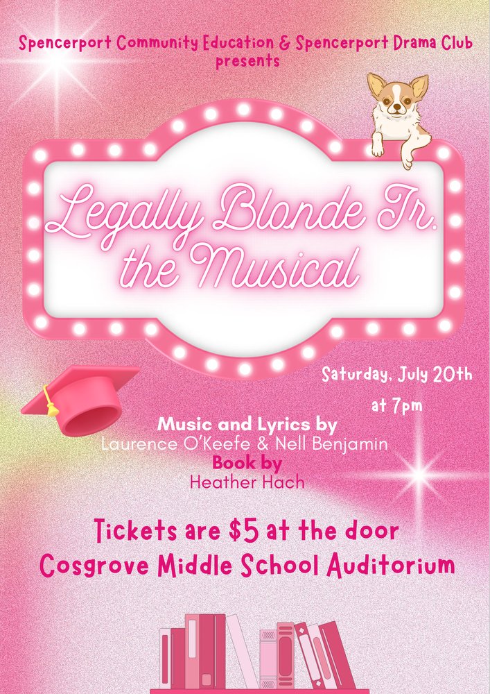 Please join us Saturday at Cosgrove for our first summer musical Legal Blonde Jr! <a href="/SHS__Musical/">SHS STAGE</a> <a href="/mr_v_cms/">Dan Van Vleck</a> <a href="/SpencerportCSD/">Spencerport Schools</a> <a href="/broadwaycom/">broadway.com</a> #rangerpride ⭐️💙⭐️