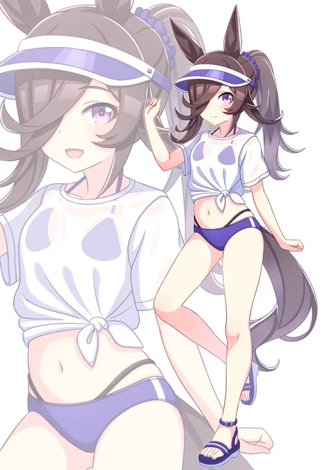 #ウマ娘#ライスシャワー サンバイザーを付けて髪の毛をポニーテールにし、裾を結んだ白Tシャツからビキニの水着が透けているライスシャワーを描きました!! 