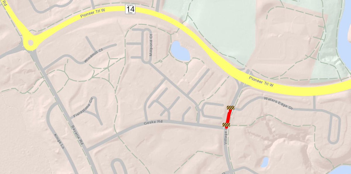 CityofChaskaMN's tweet image. Traffic Alert 🚧: Village Road is closed to thru traffic between Pioneer Trail and Geske Road due to a private watermain break. To access the Water's Edge Townhomes, use Pioneer Trail.