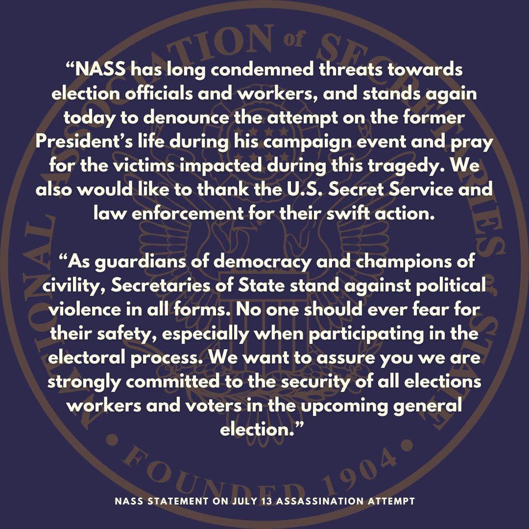 NASS (@nassorg) on Twitter photo .<a href="/NASSorg/">NASS</a> led by our President Steve Simon, <a href="/MNSecofState/">Minnesota Secretary of State</a>, and President-elect Michael Watson, <a href="/MississippiSOS/">Mississippi Secretary of State's Office</a>, issued the following statement on the July 13 assassination attempt on former U.S. President Donald J. Trump in Pennsylvania.
➡️🔗nass.org/node/2599 .<a href="/NASSorg/">NASS</a> led by our President Steve Simon, <a href="/MNSecofState/">Minnesota Secretary of State</a>, and President-elect Michael Watson, <a href="/MississippiSOS/">Mississippi Secretary of State's Office</a>, issued the following statement on the July 13 assassination attempt on former U.S. President Donald J. Trump in Pennsylvania.
➡️🔗nass.org/node/2599