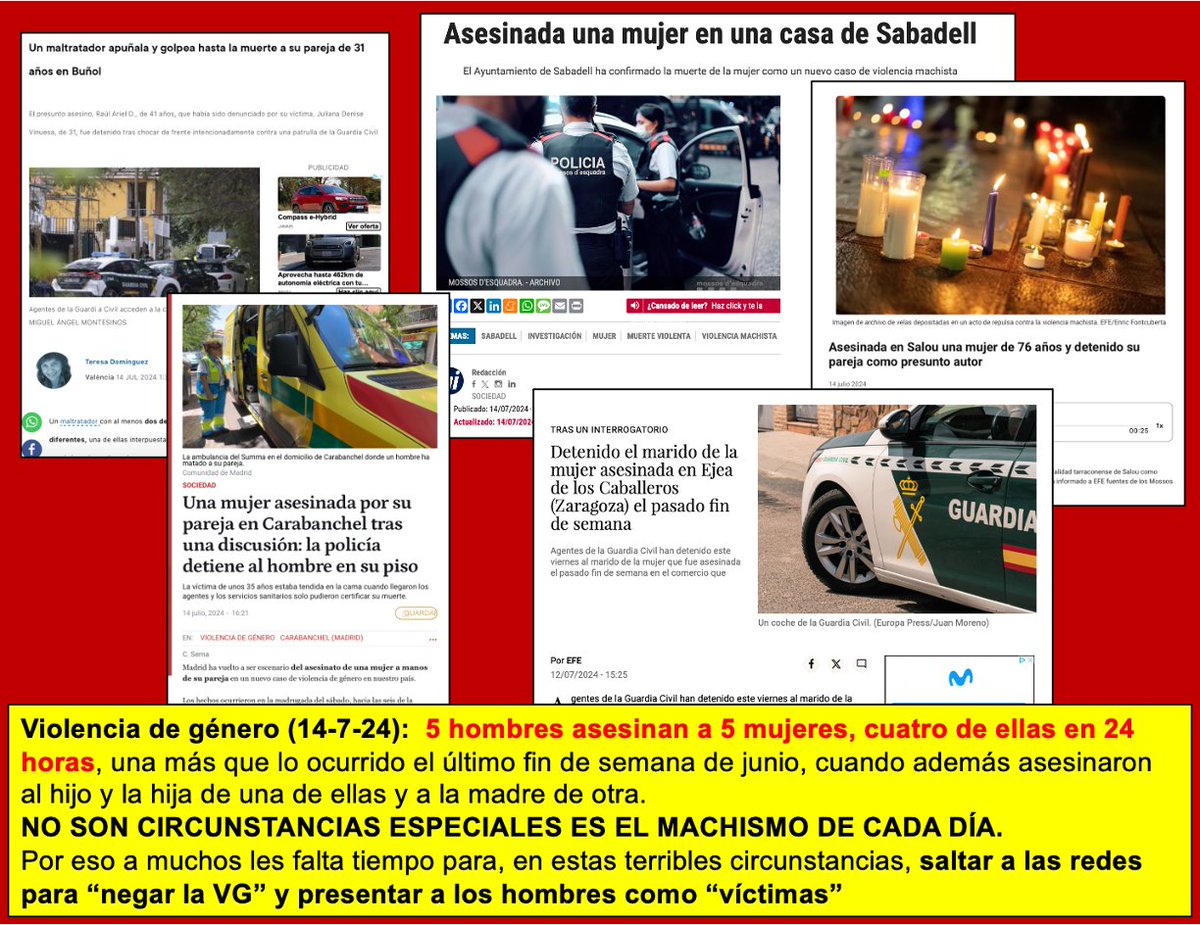 ¿En qué otra violencia, además de en VG, se pasa en horas de hablar de 3 asesinatos a 5, y que en lugar de una condena unánime haya quien utilice los asesinatos para cuestionar la realidad de la VG? ¿En qué otra violencia se permite que esto ocurra?