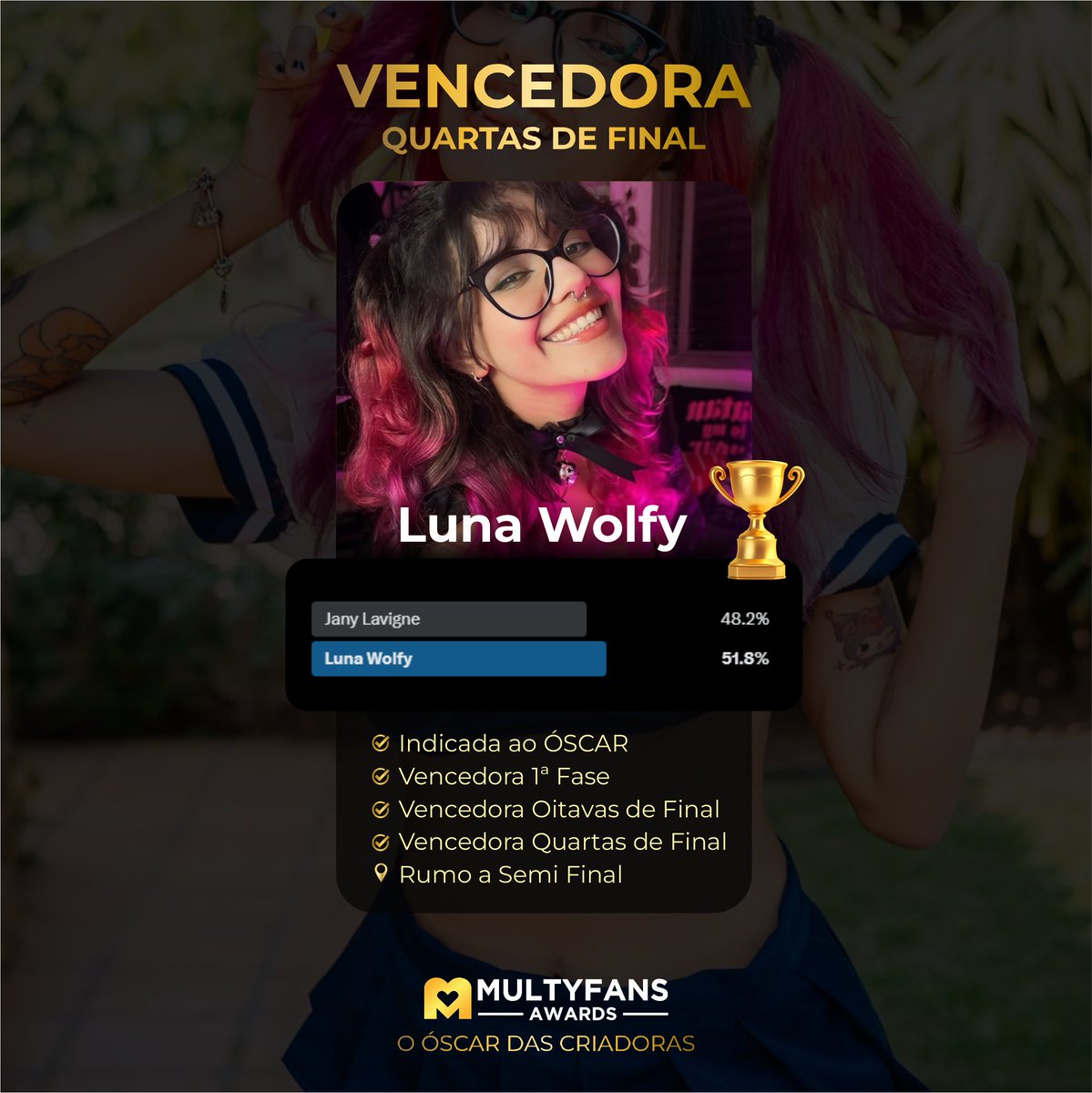 multyfansawards's tweet photo. Parabéns @lunawolfy_ por ser uma das poucas vencedoras da primeira fase do Óscar das Criadoras!
  
Assista o conteúdo vencedor: https://t.co/BZpz2Fqzwu

Cada participante indicou seu MELHOR vídeo para competição:

- 2.350 inscritas na edição
- 29 indicadas ao ÓSCAR
- 16 passaram para as oitavas de final
- 8 venceram e se classificaram para as quartas de final
- E agora apenas QUATRO modelos estão na competição, para as semifinais

Vote nas semifinais no dia 15/07!