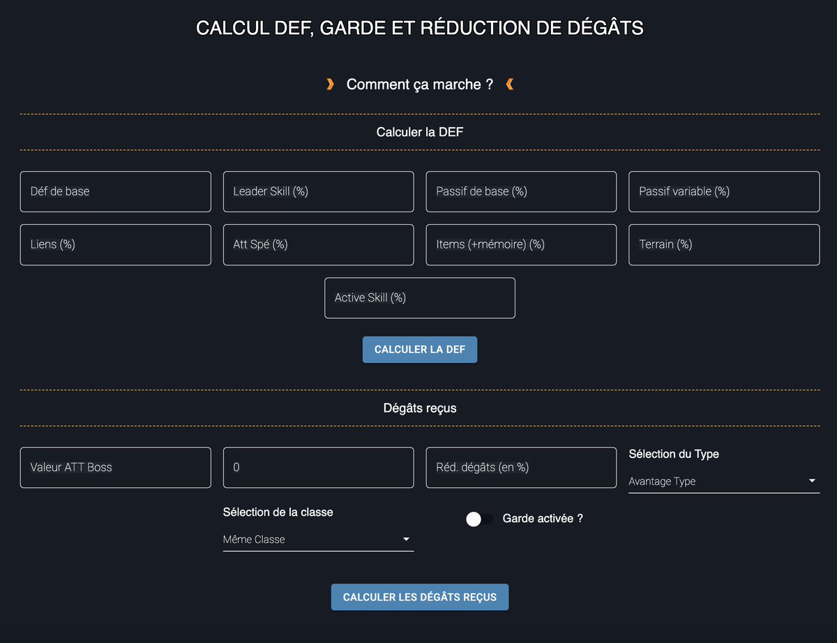 satchfroggy's tweet photo. ✨ J'ai le plaisir de vous annoncer l'ajout d'une page sur le site qui vous permettra de calculer la DEF de vos unités et les dégâts reçus (en fonction du type, de la class mais aussi de l'activation de la garde)

➡️ https://t.co/5rzGrdwAtM

N'hésitez pas à RT 🔥
#dokkanbattle https://t.co/yKuPPWsn1L