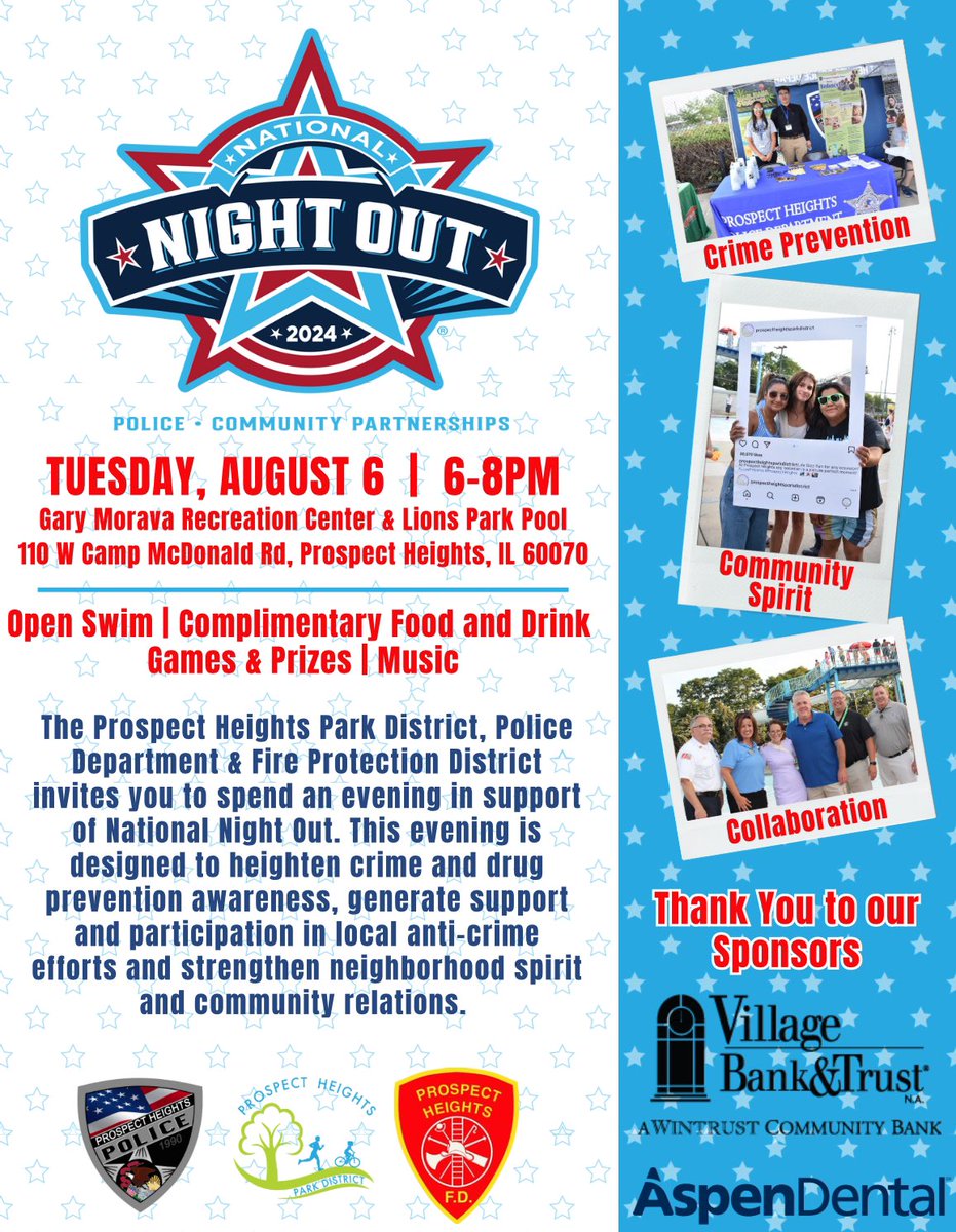 ProspectHtsPrks's tweet photo. Join us for a night of FREE open swim, complimentary food and drink, games, prizes, music and fun at National Night Out on Tues, August 6th at the Gary Morava Recreation Center, 110 W. Camp McDonald Road from 6:00pm to 8:00pm. #LovePHParks https://t.co/fjHGfdFcFm