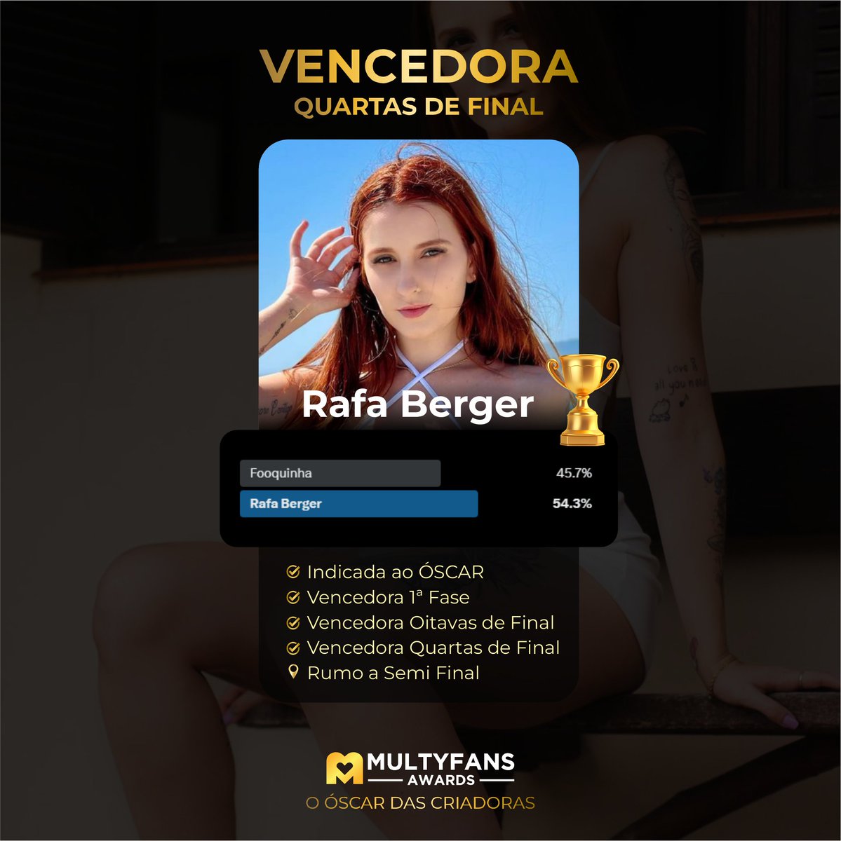 multyfansawards's tweet photo. Parabéns @bergerclub_ por ser uma das poucas vencedoras da primeira fase do Óscar das Criadoras!
  
Assista o conteúdo vencedor: https://t.co/BZpz2Fqzwu

Cada participante indicou seu MELHOR vídeo para competição:

- 2.350 inscritas na edição
- 29 indicadas ao ÓSCAR
- 16 passaram para as oitavas de final
- 8 venceram e se classificaram para as quartas de final
- E agora apenas QUATRO modelos estão na competição, para as semifinais

Vote nas semifinais no dia 15/07!