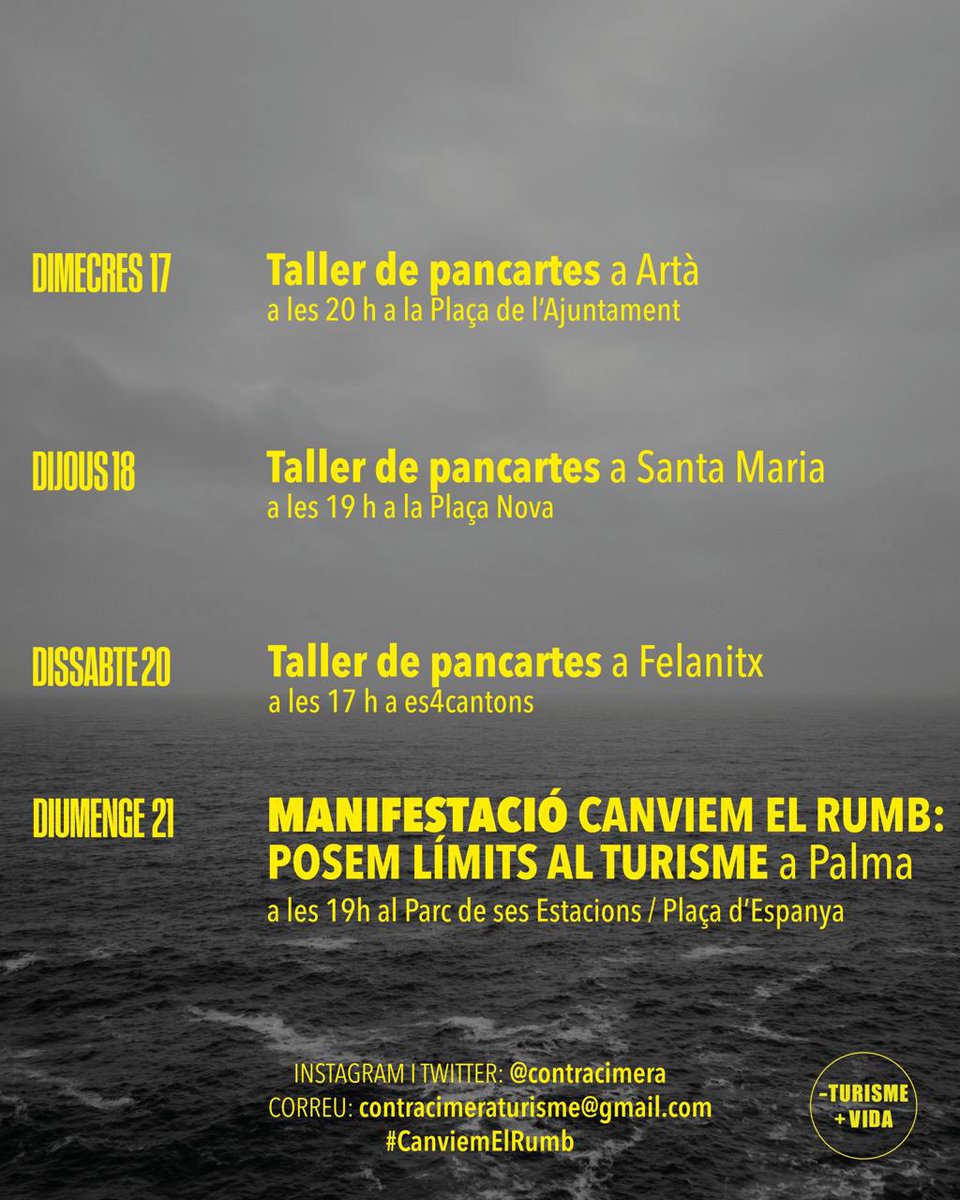 Ja és aquí! El diumenge que ve omplirem els carrers de Palma i aquesta setmana, com les darreres, també està plena de cosetes.

#CanviemElRumb #PosemLímitsAlTurisme