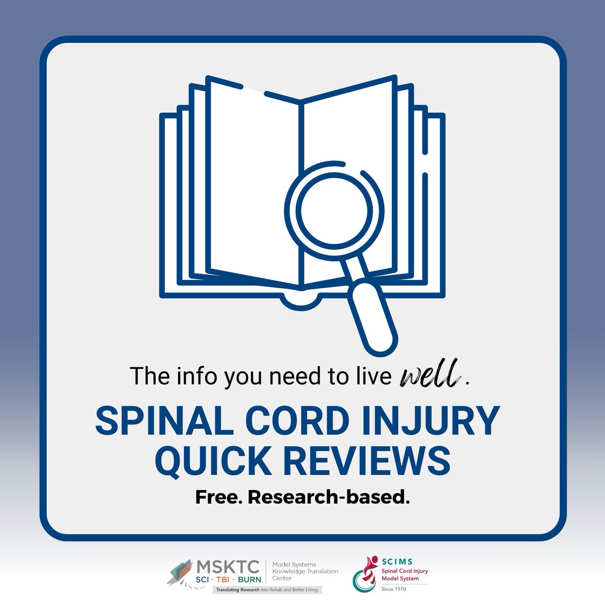 SCI_MS's tweet image. The #MSKTC provides quick reviews of Model Systems research studies funded by the #NIDILRR. These reviews offer timely summaries of newly released model system research studies using lay language for easy access. Check out all the quick reviews here! msktc.org/sci/quick-revi…