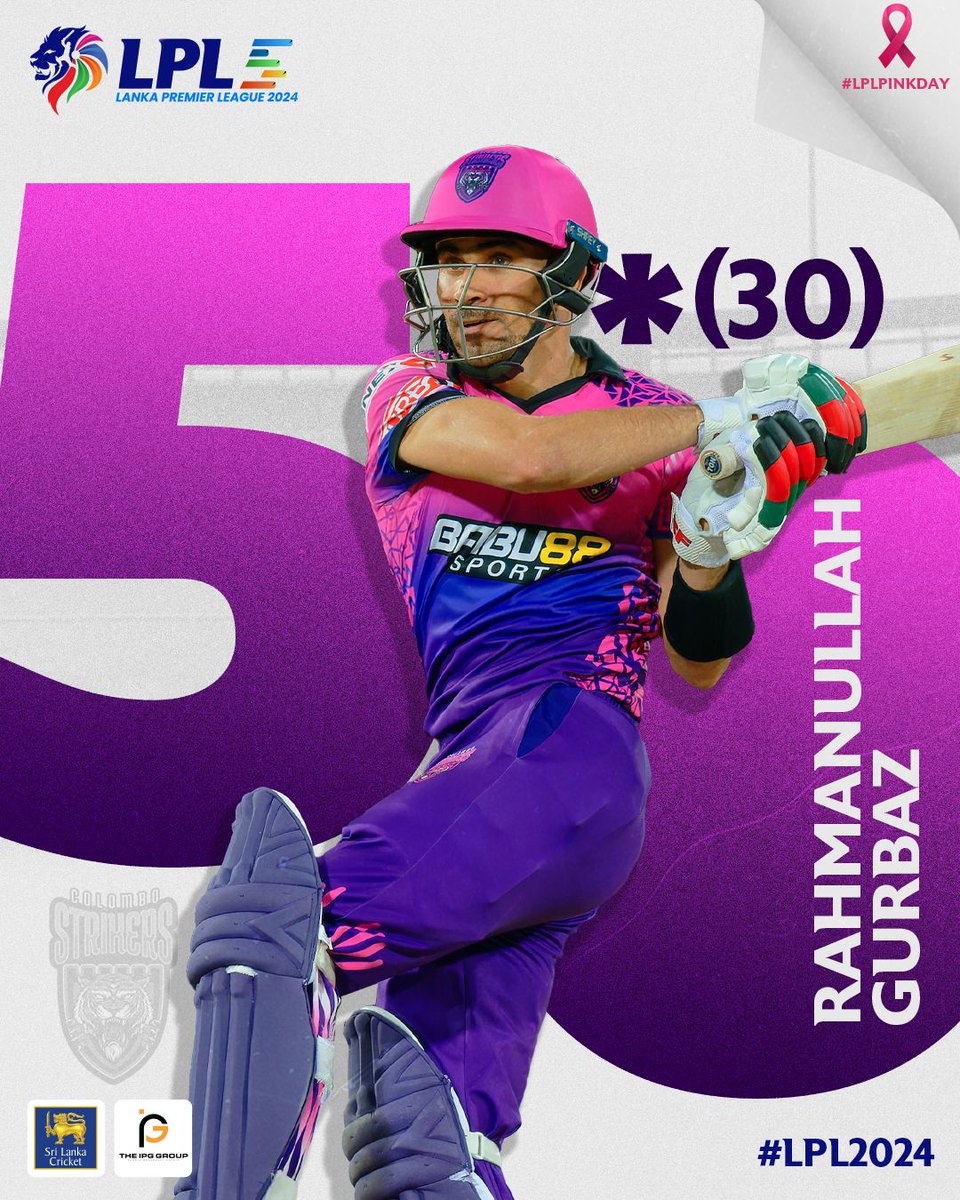 LPLT20's tweet photo. Gurbaz smashes his 50! The Strikers can see the finish line—it’s within reach! 🙌🔥

#LPL2024 #LPLPinkDay https://t.co/Tl2pCDUSZZ