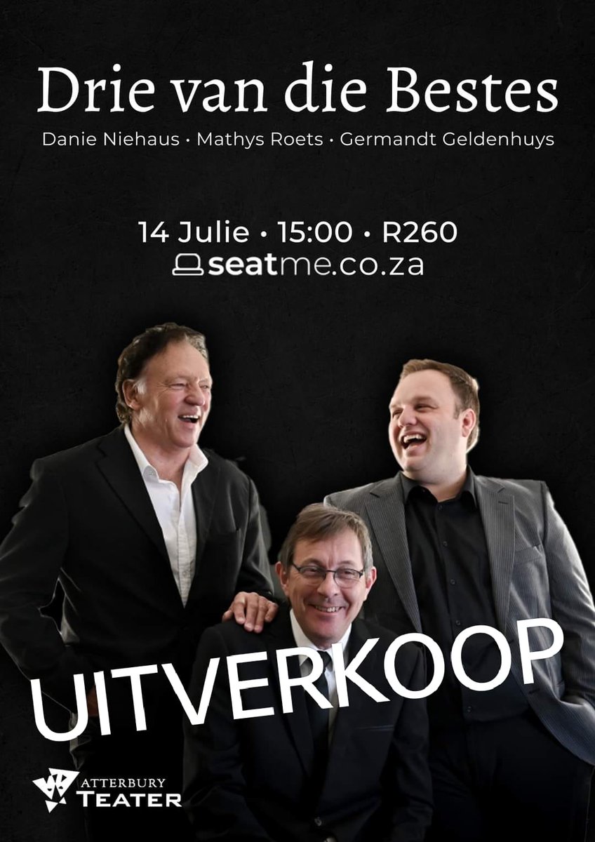 johan_kelber's tweet photo. Nog ń fantastiese show met die legendes....   Danie Niehaus, Mathys Roets en Germandt Geldenhuys in die Fairtree Atterbury Teater/Theatre
#GermandtGeldenhuys #DanieNiehaus #mathysroets #3vandiebestes #atterburyteater #music #johankelber https://t.co/e3ak96NNlm