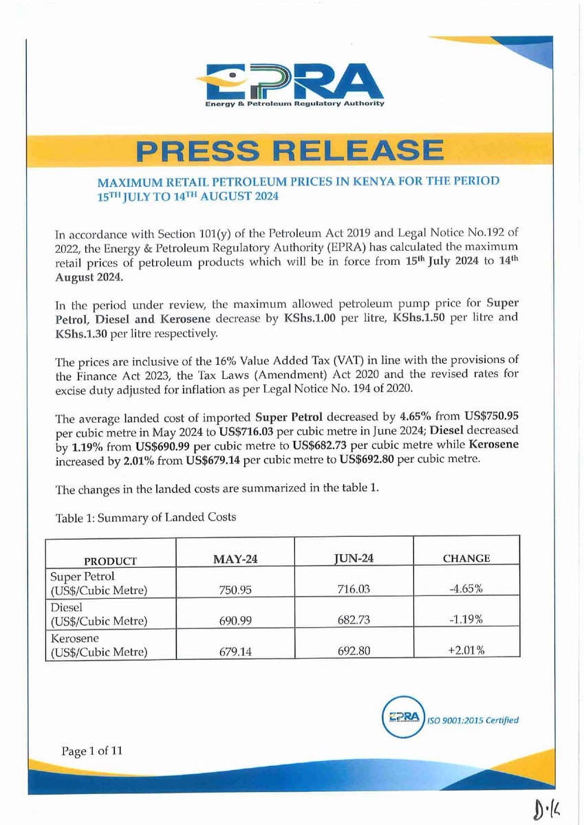 EPRA_KE's tweet photo. In accordance with Section 101(y) of the Petroleum Act 2019, Legal Notice No. 196 of 2010 and Legal Notice No. 26 of 2012, we have calculated the maximum retail prices of petroleum products, which will be in force from 15th July 2024 to 14th August 2024.^DC https://t.co/YKsh0IoYhs