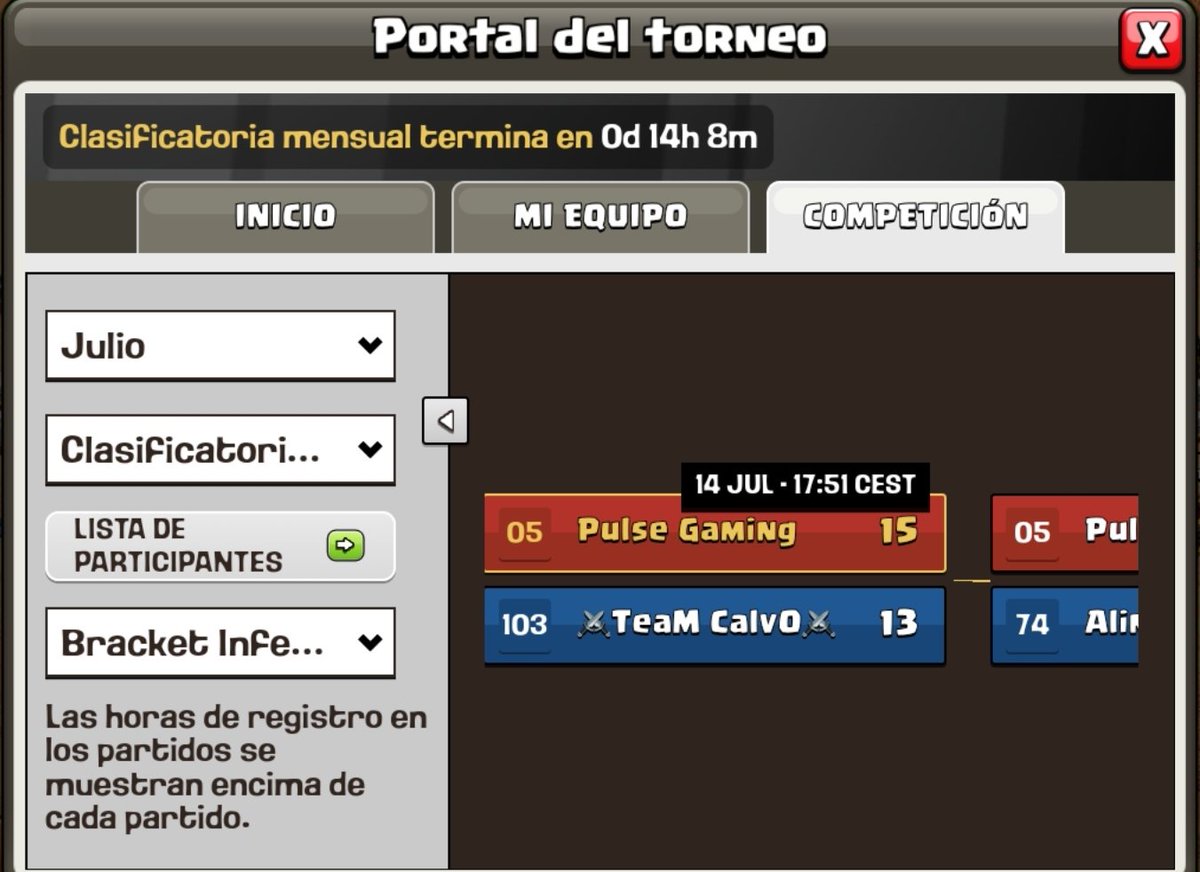 Hasta aquí llegamos, entre los 12 últimos clanes.
Desde aquí felicito a todo el equipo
Alex baizan
Vicente 
Fediño
Eriksaurio 
Sois unas máquinas.