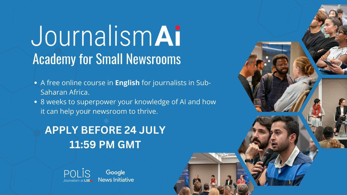Do you work for a small news organization in the sub Saharan #Africa region? Do you want to learn how to use #AI to improve your journalism?

Apply for <a href="/PolisLSE/">Polis@LSE</a>'s 🆓 #JournalismAI Academy for Small Newsrooms: buff.ly/3yEWe9o