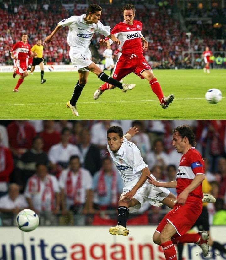 In the photo:

Jesús Navas winning against Gareth Southgate in 2006.