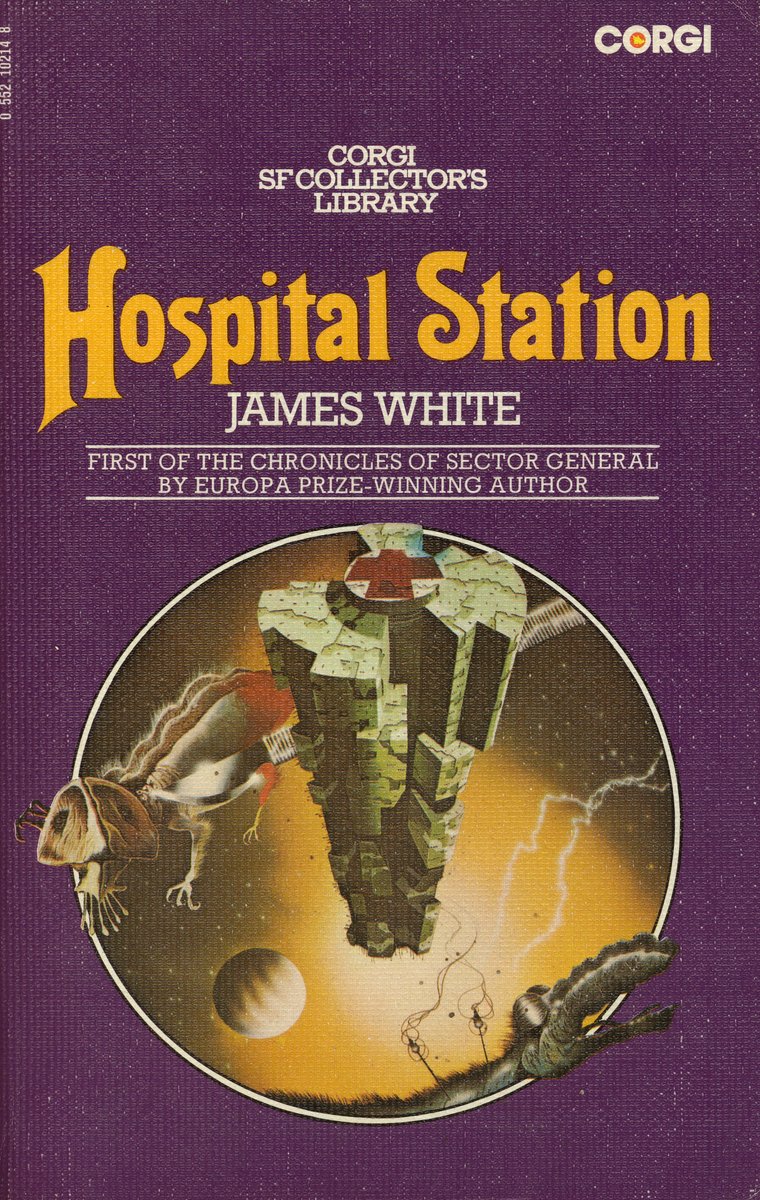 mavmaramis's tweet photo. James White, Hospital Station, Corgi, 1976. Cover uncredited (Tony Roberts ?). Corgi SF Collector's Library purple stippled cover. #BookCover #JamesWhite #Corgi #hospital #station #SectorGeneral #70sscifiart @thatsgoodweb @afrocosmist @70sscifi @retroscifiart @doberes https://t.co/UqmN1yVdxD