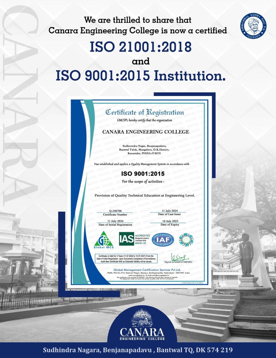 cecmangalore's tweet photo. We are thrilled to share that Canara Engineering College is now officially certified with ISO 21001:2018 and ISO 9001:2015! This achievement reflects our unwavering commitment to excellence in education and quality management. https://t.co/gUoFH47Mhv