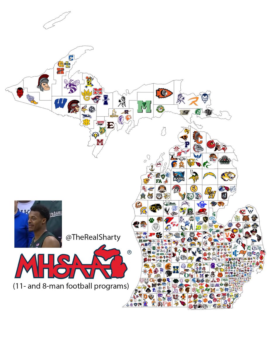 Fresh off the presses, a new and improved high school football map for Michigan.  Combines 8-man and 11-man teams, and I filled out the counties with larger logos for readability.

I tried my best to get them geographically accurate within the county, but in some cases it was