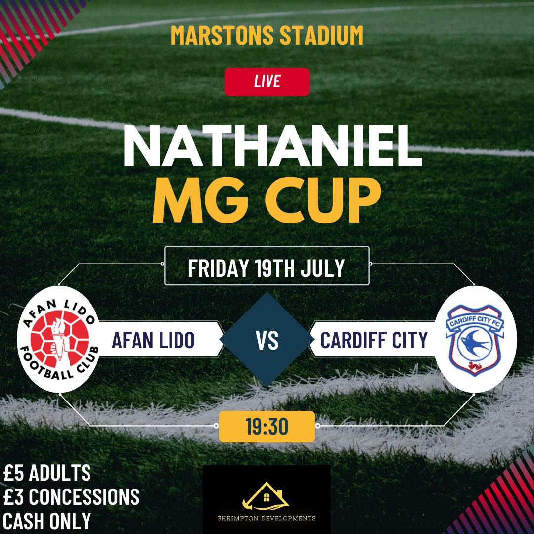 What a huge game we have on Friday at the Marston’s in our first competitive game of the season. 

Cardiff City are in town for the Nathaniel MG Cup round 1. 

£5 Adults 
£3 Concessions

NOTE - Pay on the gate, cash only.

<a href="/CardiffCityFC/">Cardiff City FC</a> <a href="/CF11Academy/">Cardiff City Academy</a> <a href="/NathanielCars/">Nathaniel Cars</a>