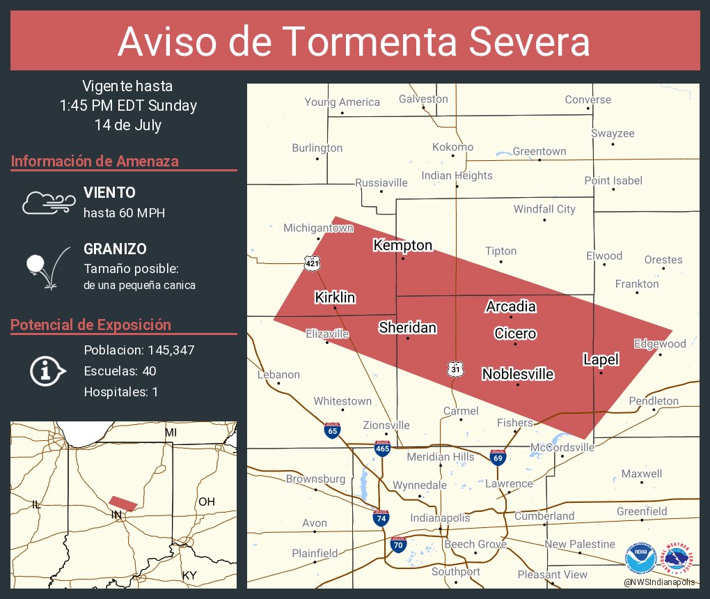Aviso de Tormenta Severa incluye Noblesville IN, Westfield IN, Cicero IN hasta la 1:45 PM EDT