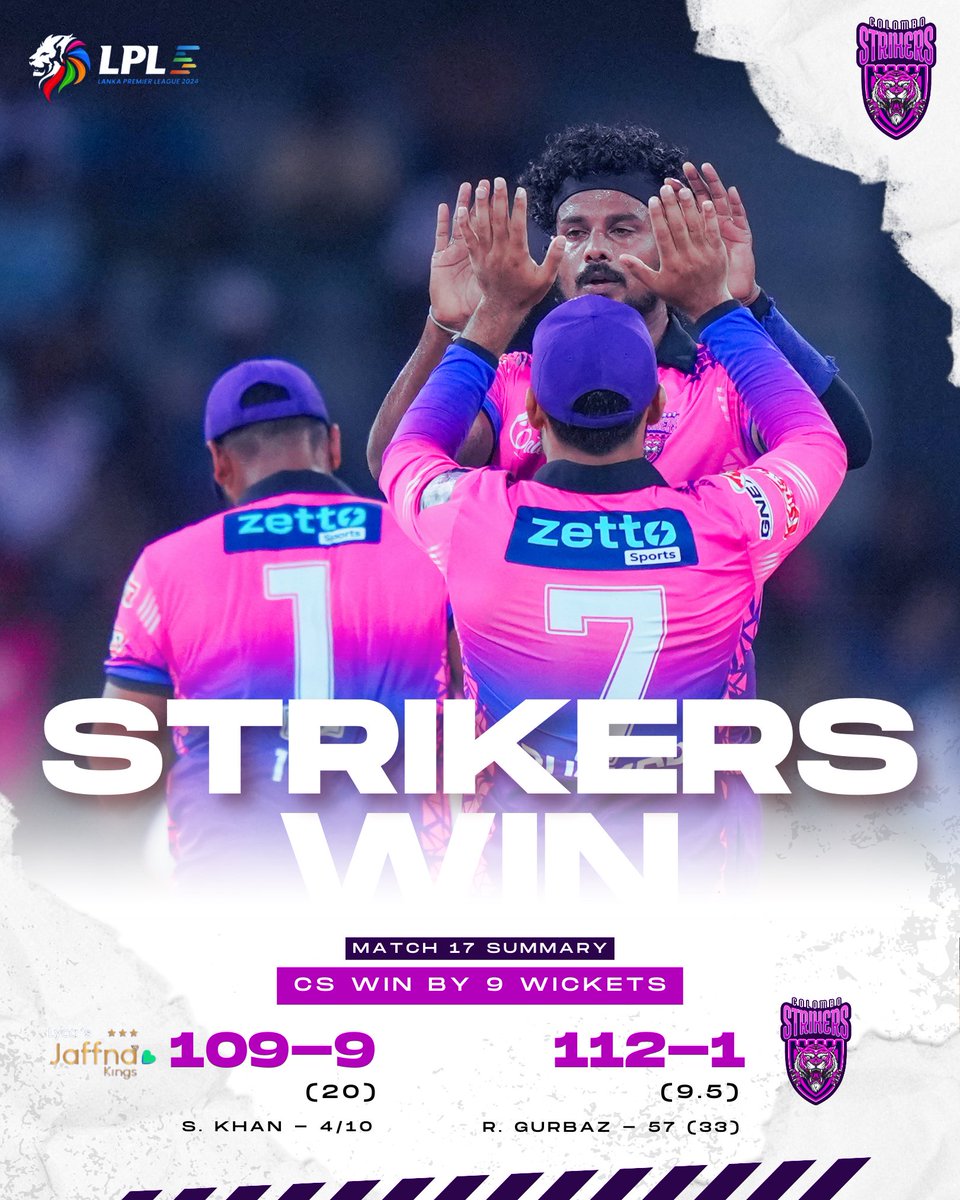 ColomboStrikers's tweet photo. Big win! 2 more to go. ๐ช
#ColomboStrikers #LPL #StrikeToConquer #TheBasnahiraBoys #HouseOfTigers #Lankapremierleague #CSvsJK #LPL2024 https://t.co/H5SkvXBID7