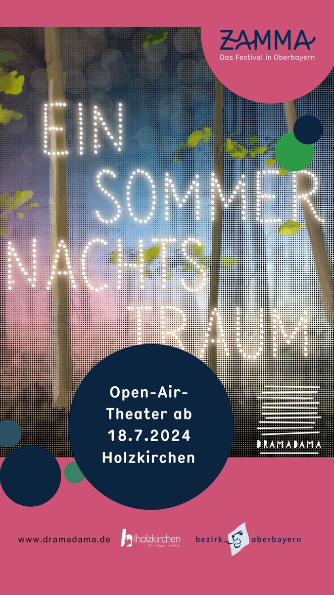 Wir spielen den "Sommernachtstraum" von #Shakespeare beim #ZAMMA - Festival in #Holzkirchen . Premiere ist am 18.7., weitere Termine am 19./20. und 21. Juli. Alle Infos auf dramadama.de 
+++
#oberbayern #miesbach #muenchen #buehnefrei #bindabei