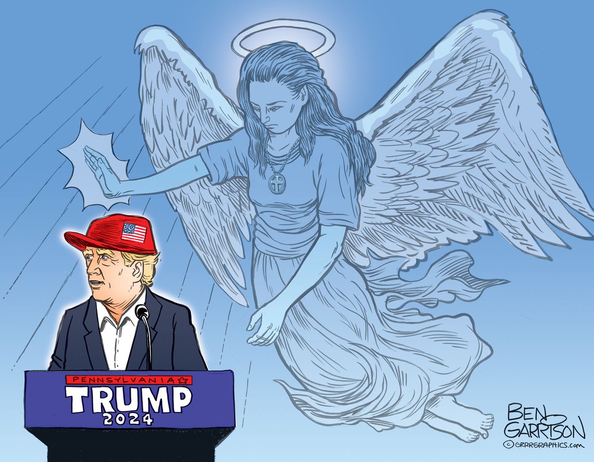 "Divine Intervention"
Ben Garrison cartoon.
Trump was incredibly lucky. Had he not turned his head toward the right in that precise moment, he would have been a dead man. An angel must have been watching over him. So that’s what I have drawn here.

Now we need to figure out why