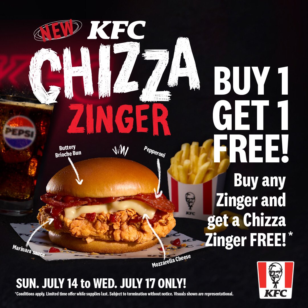 kfcjamaica's tweet photo. Double the delight!🎉
From today, July 14th, to Wednesday, July 17th, purchase a Zinger and get a Chizza Zinger FREE!🥳
Because one’s just not enough!
#KFC #KFCJamaica #ChizzaZinger #KFCChizzaZinger #NewItem #KFCZinger #KFCCravings https://t.co/l4IYQJA2NS