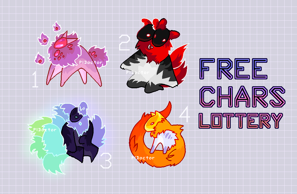 _PlDoctor's tweet photo. FREE CHARS LOTTERY

To join:
1. Follow
2. Share (you can tell which one you like the most)

Raffle ends - 28.07.2024
Chars has no rules, can be resold or gifted. You can redesign and make small changes to the original reference
#freebie #lottery #raffle #furryart #art #adoptable https://t.co/vdMVr4ASdA