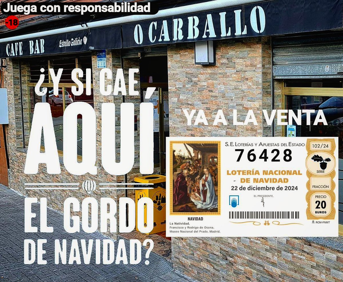 cafebarocarball's tweet photo. Ya a la venta, la lotería de Navidad 2024, el mismo número de siempre y este año con más ganas de dar el gordo de Navidad, 7️⃣6️⃣4️⃣2️⃣8️⃣ es nuestro número de la administración Loterías ANCOS en (av. Xuvia 33, neda) 
¿Y si cae aqui el gordo de Navidad? https://t.co/yoR0vjn5l7