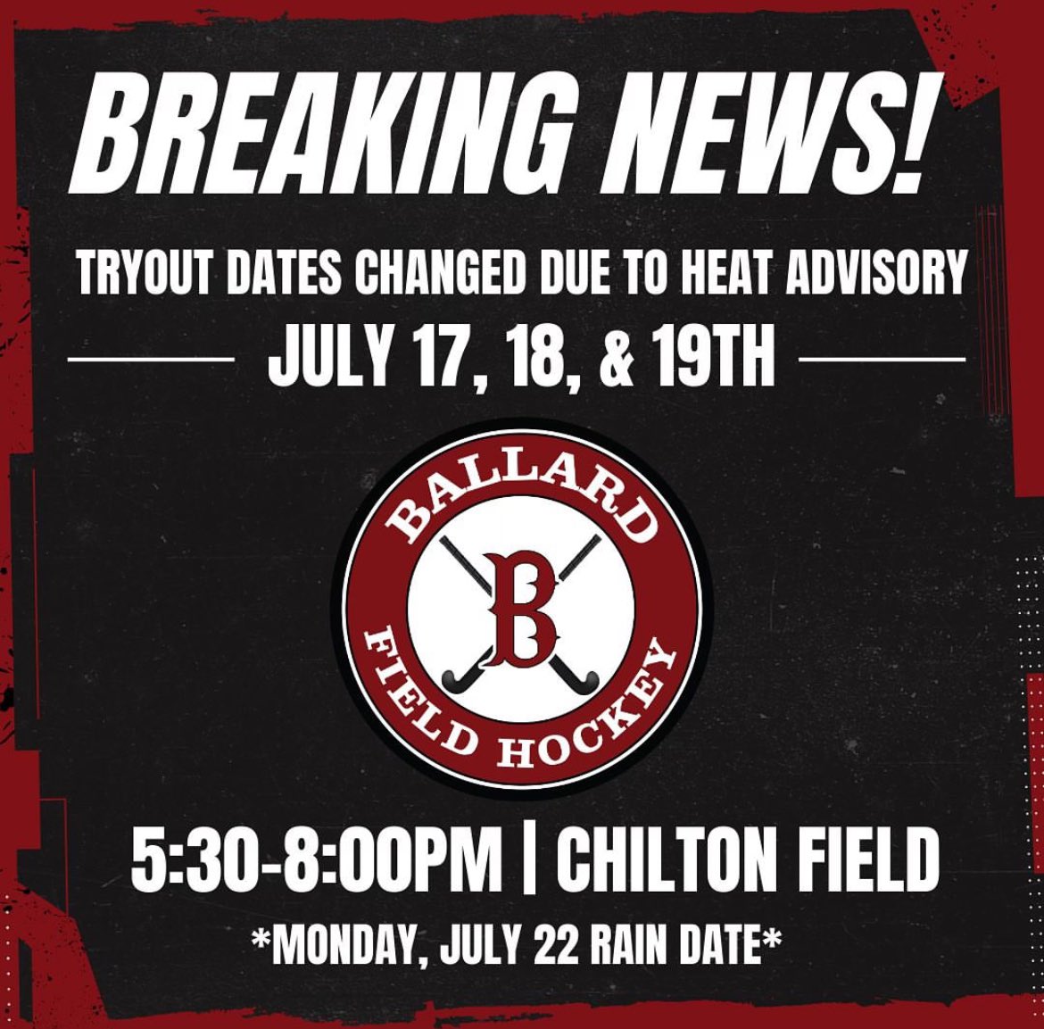 BruinFH's tweet photo. JCPS heat advisory cancellations=new tryout dates. 

Tryouts will now be:
Wednesday 5:30-8pm
Thursday 5:30-8pm
Friday 5:30-8pm
Rain date-Monday 5:30-8pm https://t.co/SWVhyUuMsk