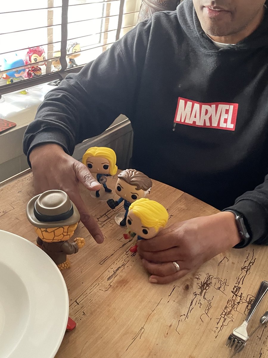 A timely intervention as the husband explains the offside rule to the 12yo using Fantastic 4 pop funkos.