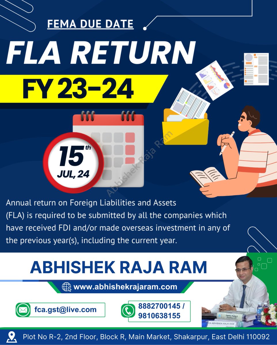 abhishekrajaram's tweet photo. FEMA DUE DATE
FLA RETURN
FY23-24

 #FEMADueDate #FLAReturn #FY23_24 #TaxSeason https://t.co/IpFubKOKOK