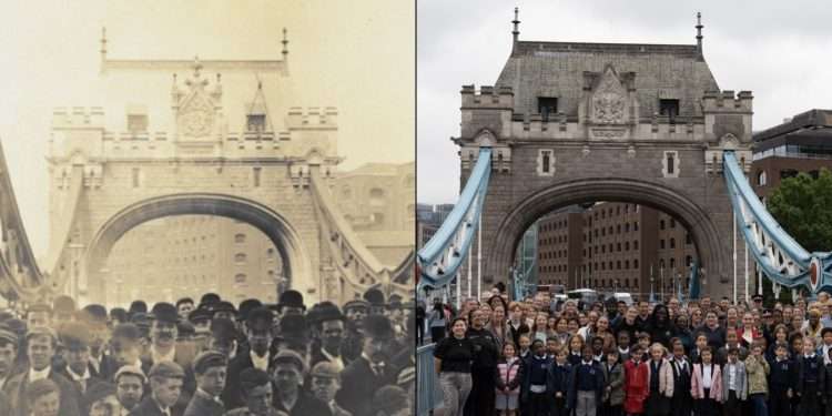 Southwark_News's tweet photo. Recreation of Tower Bridge photo 130 years after it was taken
Can you spot anyone you know?

#Bermondsey @TowerBridge
https://t.co/Jpoh2TnWt8 https://t.co/AqsmcqfpXT