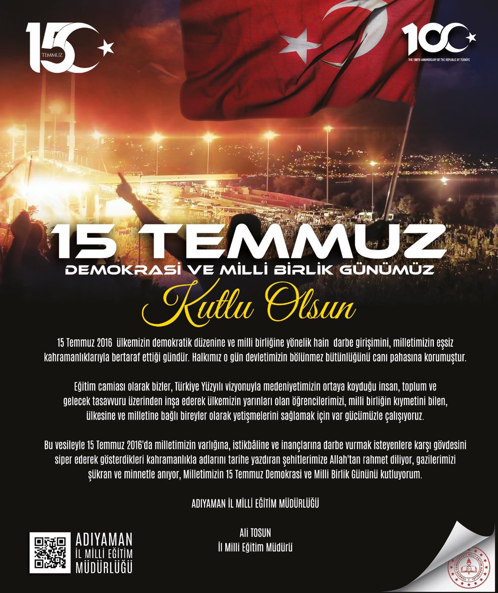 15 Temmuz Şehitlerimizi rahmet, Gazilerimizi minnetle anıyoruz.
15 Temmuz Demokrasi ve Milli Birlik Günü kutlu olsun.
#15TemmuzDestanı 
#MilletinZaferi