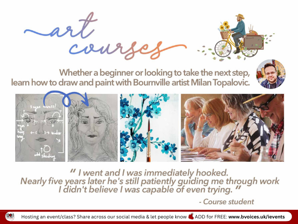 B31Voices's tweet photo. #SWBrumEVENTS – Art Class 🖌️🎨
INFO/BOOK: 👉 https://t.co/ZCpLHTGhaO

📅 Sat 20th July 2024
🕚 10am - 1pm
📍 St Francis - #Bournville
👤 18+ Beginners &amp; Up
ℹ️ Resources included

#B31VoicesSupportingLocal
#ArtClasses
#Art
#SWBrumCREATIVE
#Birmingham https://t.co/WBtEXvzXbg