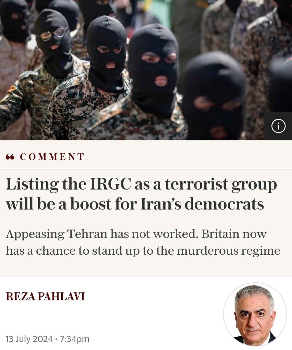 PahlaviReza's tweet photo. In the Sunday edition of the @Telegraph I call on Britain to list the IRGC.

“The IRGC’s very name, its founders brag, does not include the word “Iran” because its mission is not Iran’s defence but the export of the Islamic Revolution around the world.”
https://t.co/C61cRfx17B https://t.co/yMu4SaX3Kf