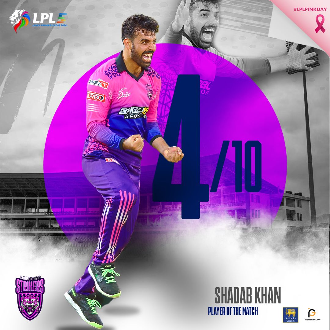 LPLT20's tweet photo. Shadab Khan clinches Player of the Match for his exceptional 4-wicket haul! His stellar performance sealed the victory for Colombo Strikers.
#LPL2024 #LPLPINKDAY #CSvsJK https://t.co/wheC72h9z4