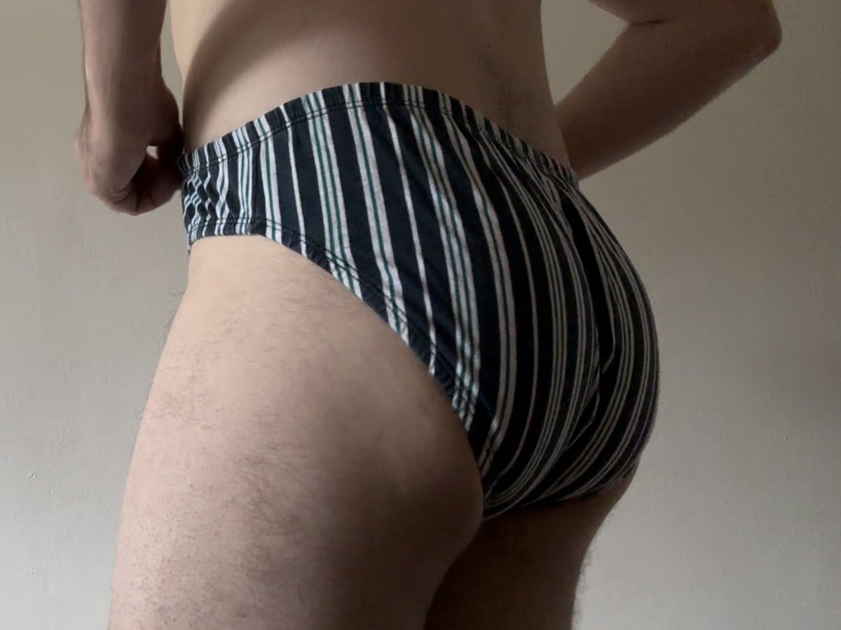briefguy78's tweet photo. Stripes today. They’re a little bit green too… I’ve got a pal coming to tie me up in these briefs later on 😉 https://t.co/64ZNtdb5ez