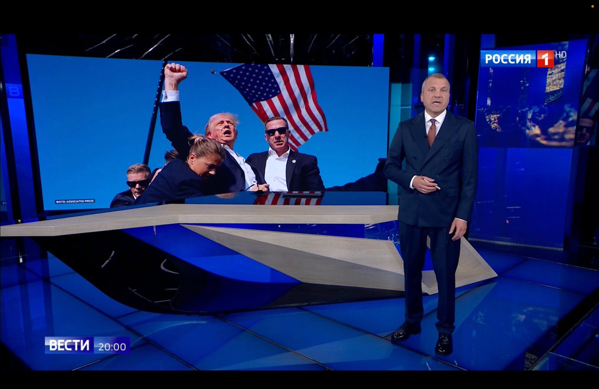 This is what state TV in Russia is telling viewers tonight: “Today Trump quite literally spilled blood for America. He is now highly likely to get back not only the Oval Office, but also control of all key state institutions: Congress, the Prosecutor’s office, the Supreme